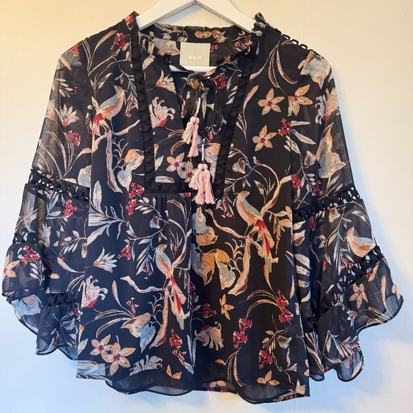 Maeve Tops - Maeve Black Blouse with Pink and Cream Floral Design bell sleeves